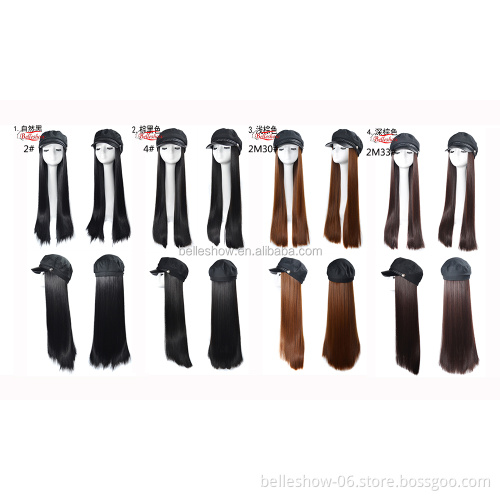 Hot sell Navy hat wig cap fashion girl black straight wig cap Long straight hair hat wig long straight hair